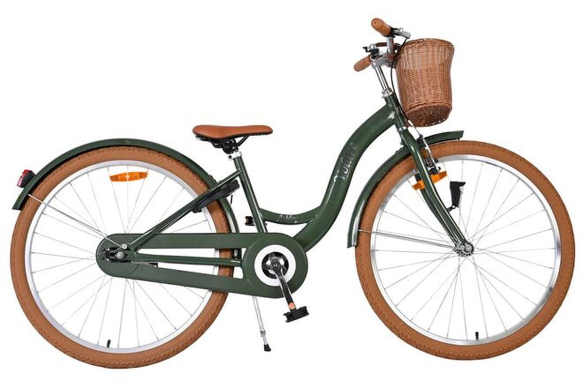 Damenfahrrad in Grün mit Korb und braunen Reifen
