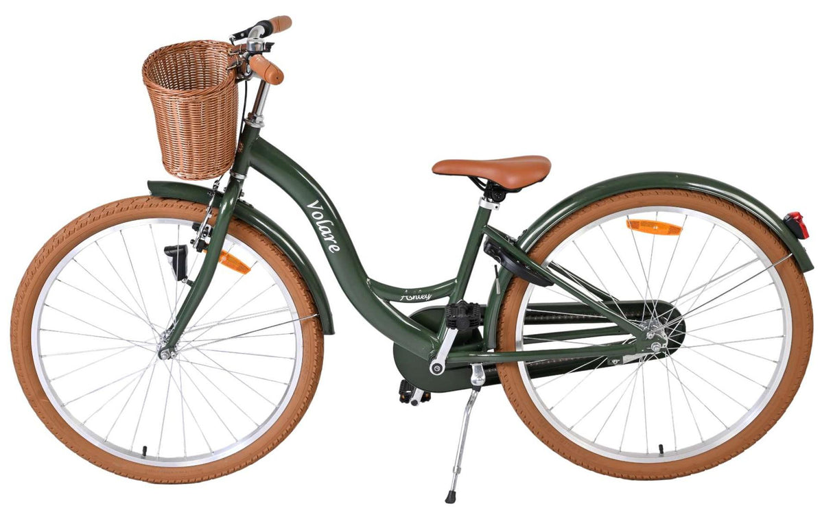 Dunkelgrünes Fahrrad mit Korb, braunen Reifen und bequemer Sitzfläche