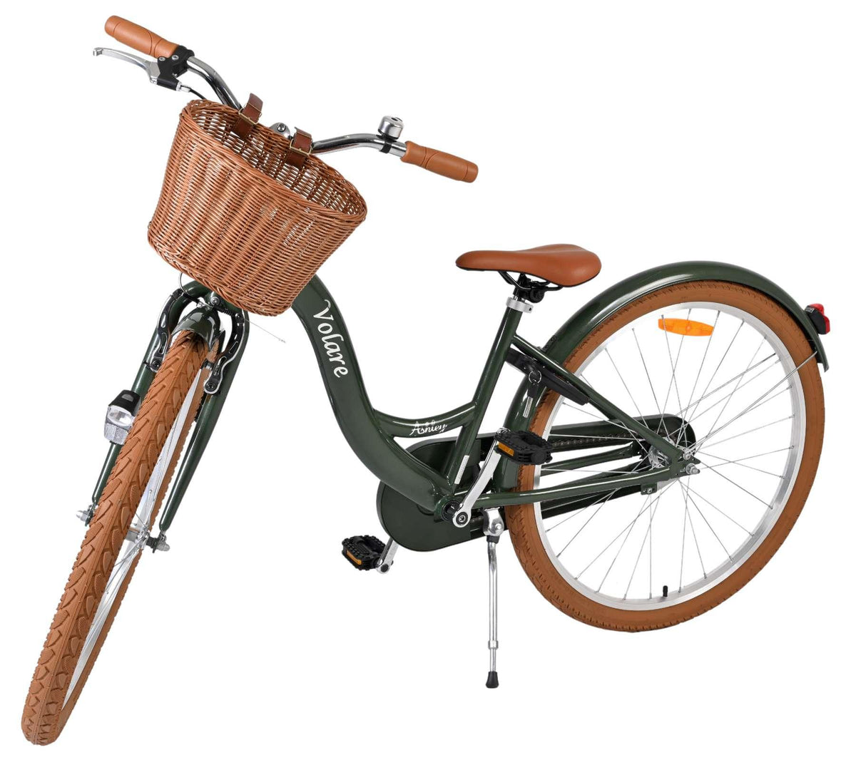 Damenfahrrad mit Korb, braunen Reifen und grünem Rahmen