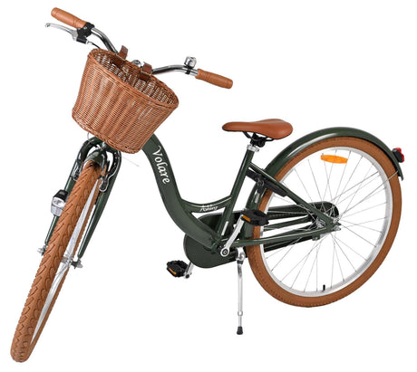 Damenfahrrad mit Korb, braunen Reifen und grünem Rahmen