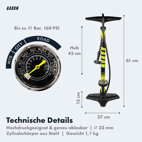 Manometer und andere technischen Detlais der AARON Luftpumpe Sport One in gelb