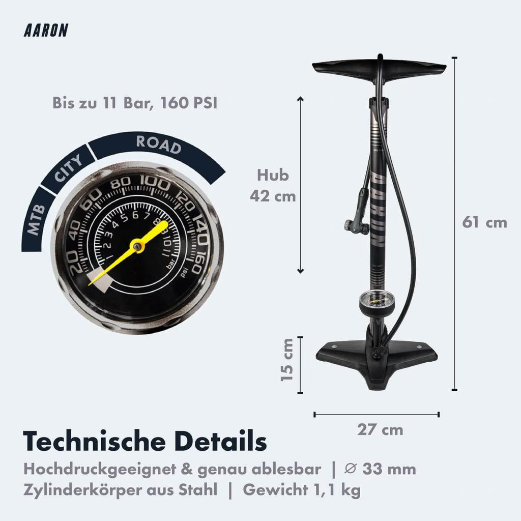 AARON Luftpumpe Sport One in Grau Fahrrad-Stand-Pumpe für alle Ventile mit Manometer