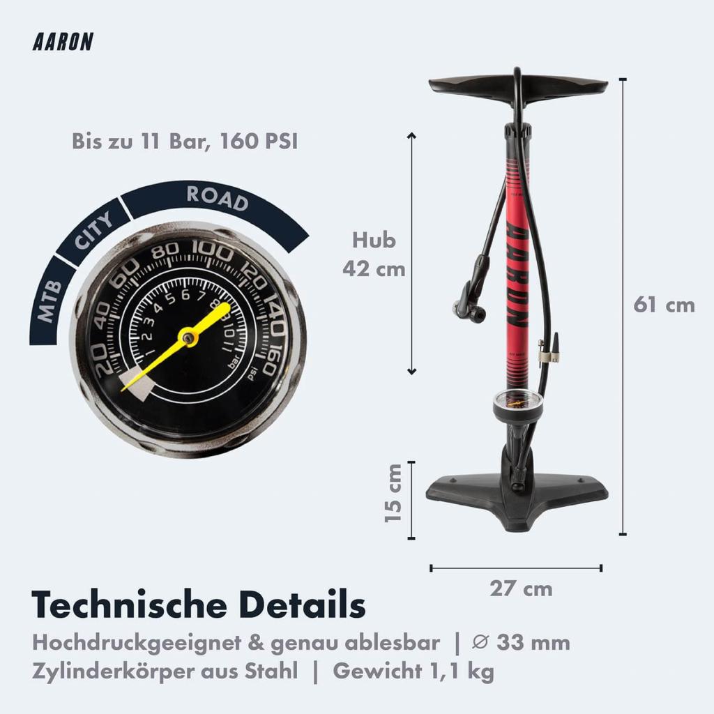 AARON Luftpumpe Sport One in Rot Fahrrad-Stand-Pumpe für alle Ventile mit Manometer