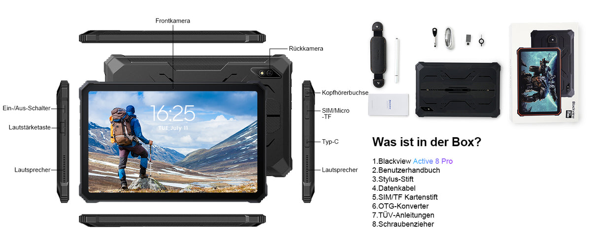 Blackview Active 8 Pro Rugged Tablet 10,36" 2,4K FHD+ 16GB RAM 256GB ROM 48MP Kamera 22000mAh Android 15 Dual SIM LTE WiFi NFC GPS OTG Outdoor
