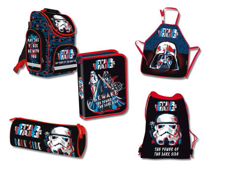Schulranzenset Star Wars – Vorderansicht – Komplettes Star Wars-Schulranzenset mit allen enthaltenen Artikeln, Vorderseiten sichtbar.