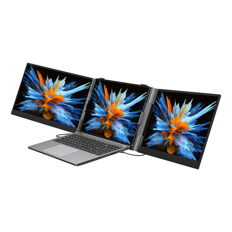 Blackview DCM6/DCM8 Dual-Screen Laptop-Erweiterung im Einsatz: Ein Laptop mit zwei zusätzlichen 14" / 15,3" Full HD IPS Monitoren für ein mobiles Triple-Screen-Setup.