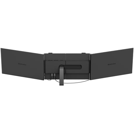 Rückansicht des Blackview Dual-Screen Systems. Der integrierte Aluminium-Standfuß (Kickstand) ist ausgeklappt, um den Laptop und die beiden Monitore für eine ergonomische Neigung sicher abzustützen.