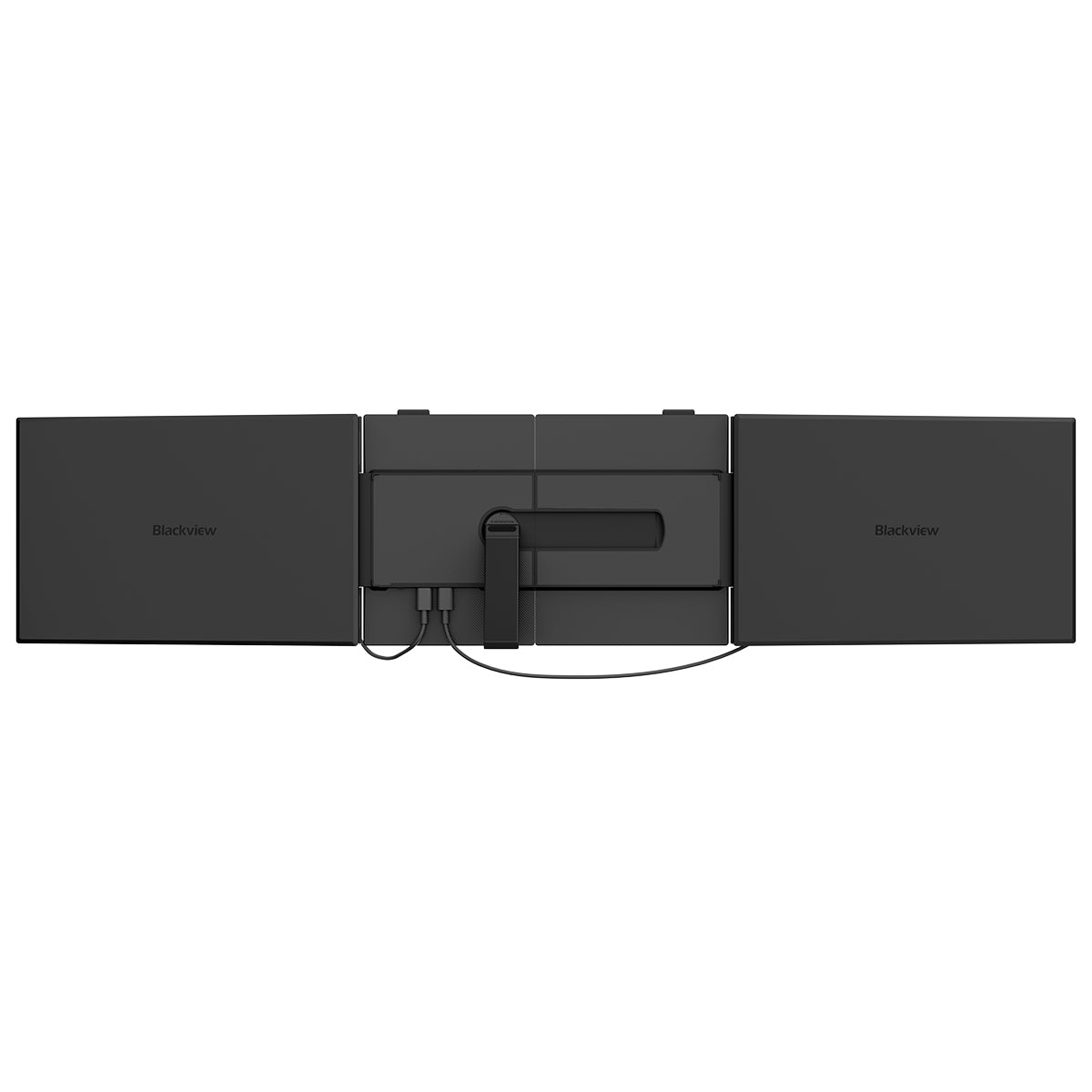 Rückseite des Blackview DCM6/DCM8 Extenders. Die beiden Monitore sind flach ausgeklappt, der Kickstand ist eingeklappt, und die sandgestrahlte Aluminium-Oberfläche mit Kevlar-Textur ist sichtbar.