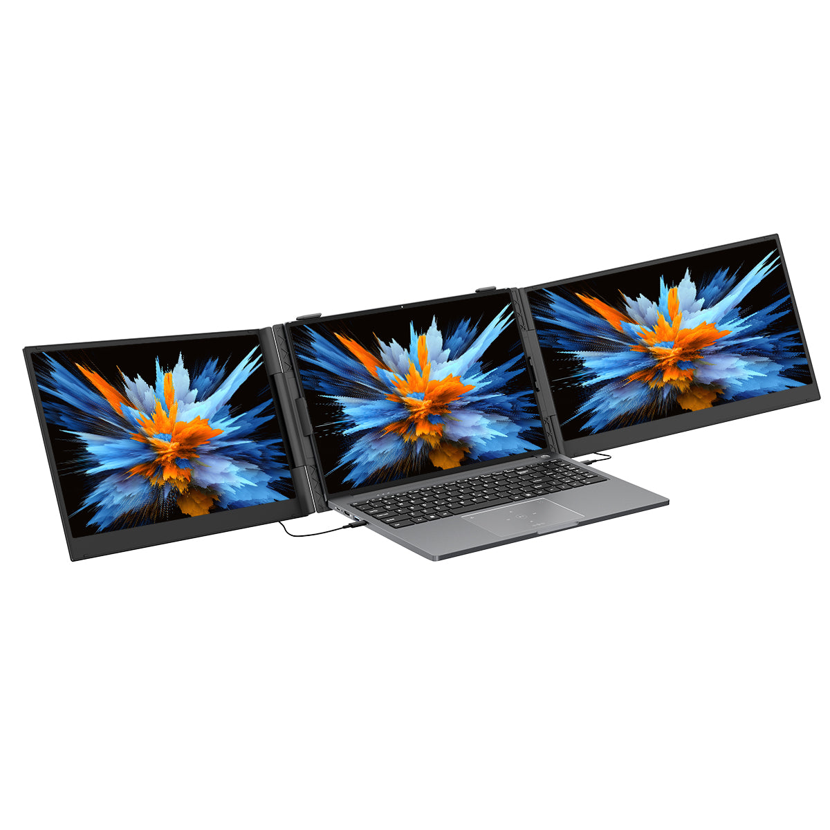 Seitenansicht (Links) des Blackview Dual-Screen Setups. Betont die flache Integration des linken 14"/15,3" Monitors am Notebook und die stabile Scharnierkonstruktion.