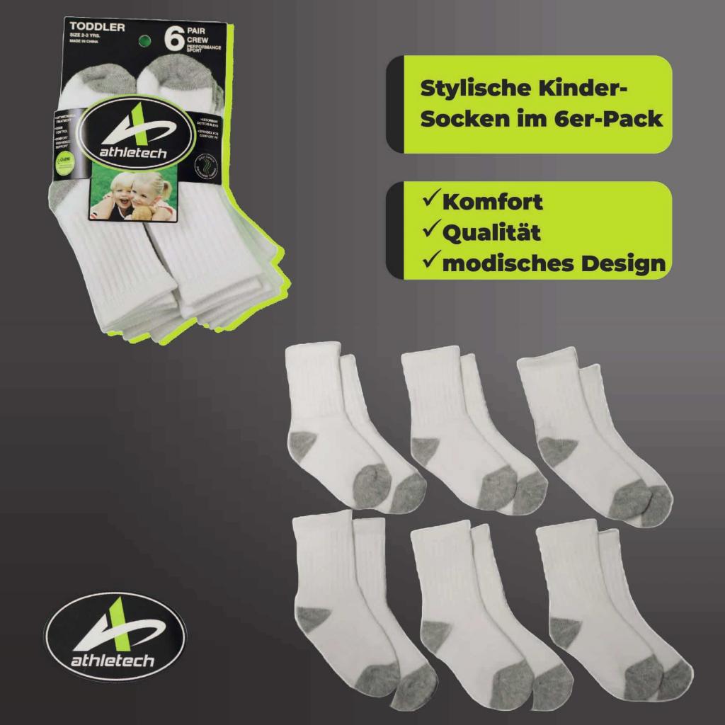 Athletech 6 Paar Sportsocken für Kinder 2-3 Jahre bis Gr. 28 hoher Bund grau weiß