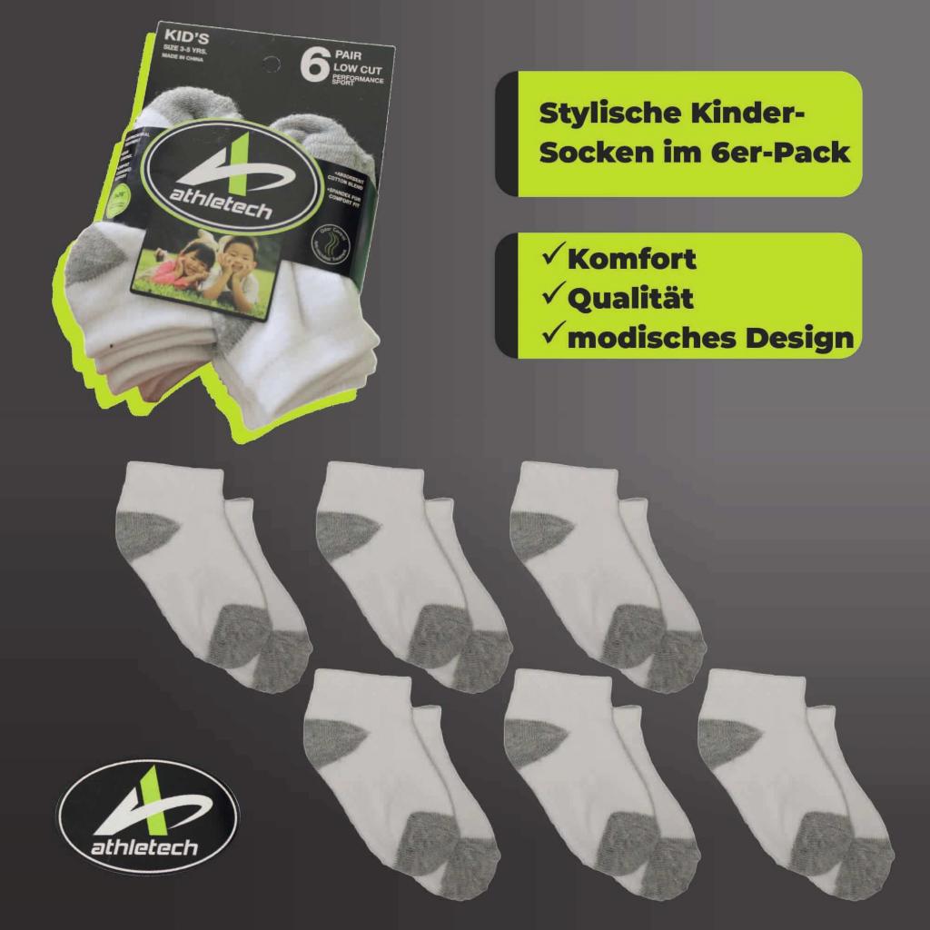 Athletech 6 Paar Low-Cut-Sportsocken für Kinder 3-5 Jahre bis Gr. 34 grau weiß