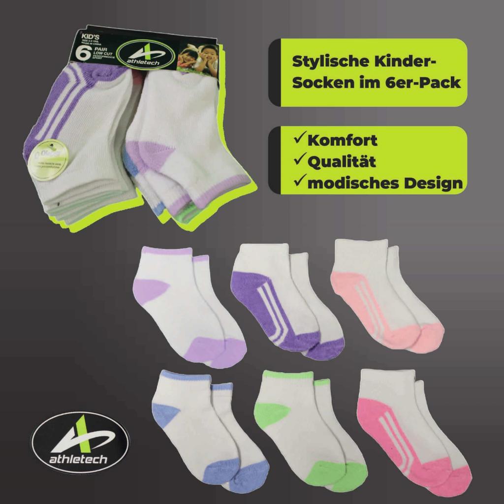 Athletech 6 Paar Low-Cut-Sportsocken für Kinder 3-5 Jahre bis Gr. 34 Pastellfarben