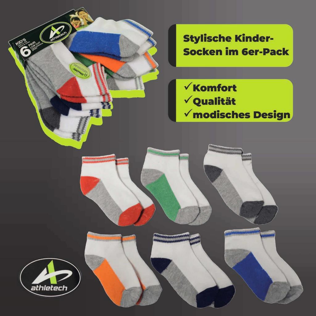 Athletech 6 Paar Low-Cut-Sportsocken für Kinder 3-5 Jahre bis Gr. 34 bunt