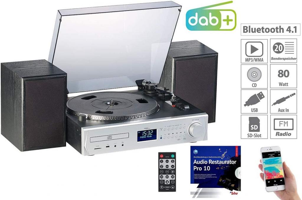 auvisio Musikanlage MHX-620 Plattenspieler/Digitalisierer, BT, DAB+, CD, MC, USB, MP3