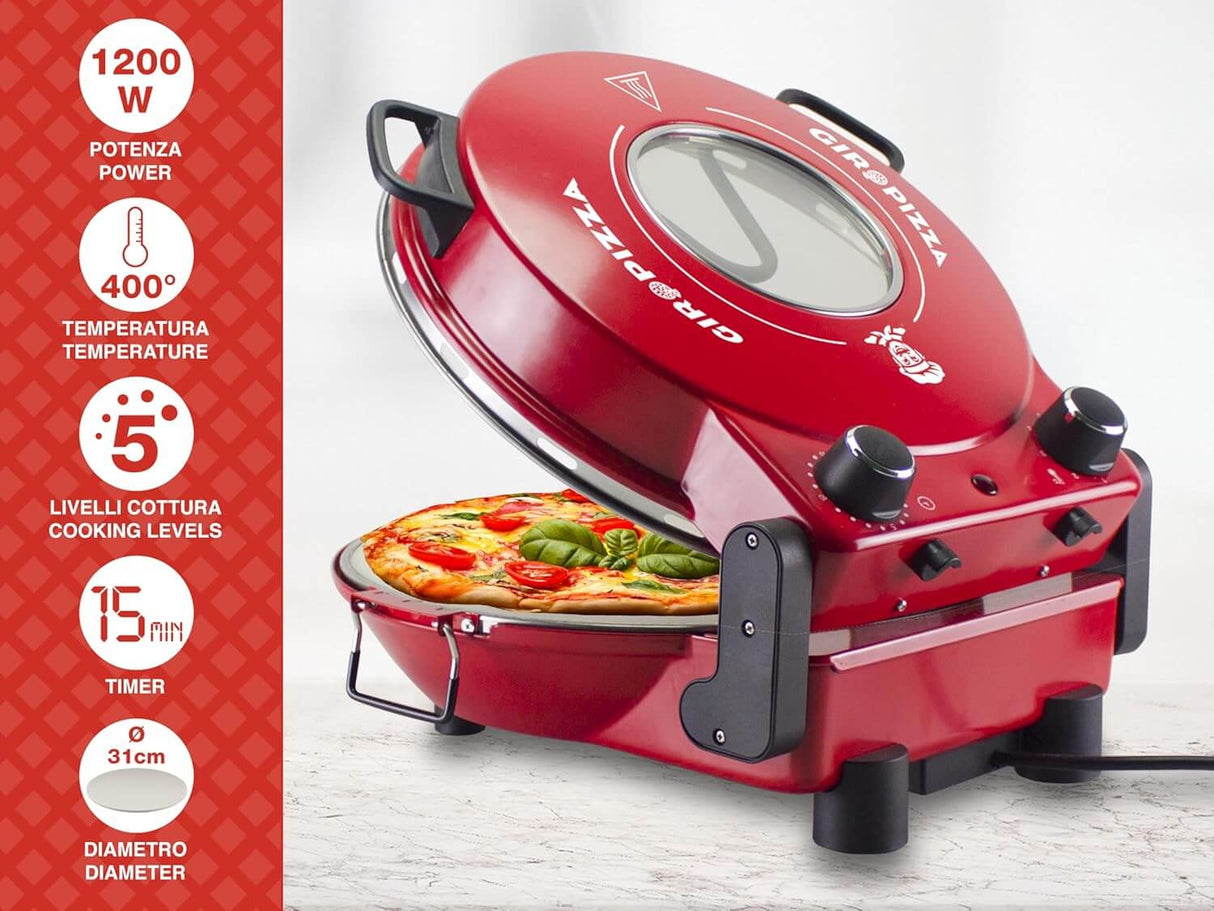 Beper P101CUD301 Pizzaofen mit Bullauge, 400°C, 31 cm Keramikplatte, 5 Kochstufen, 15-Minuten-Timer, wärmeisolierte Griffe, Edelstahlpaddel