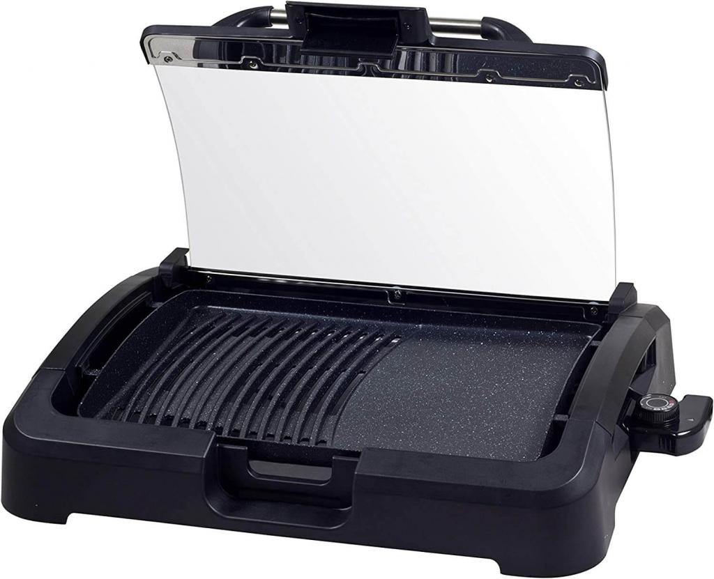 Beper 90.871 Elektrogrill mit Glasdeckel, beschichtete Grillplatte, Edelstahl, 2200 W