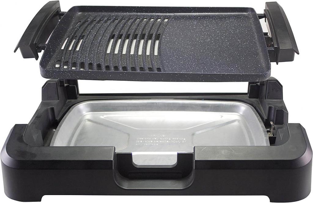 Beper 90.871 Elektrogrill mit Glasdeckel, beschichtete Grillplatte, Edelstahl, 2200 W
