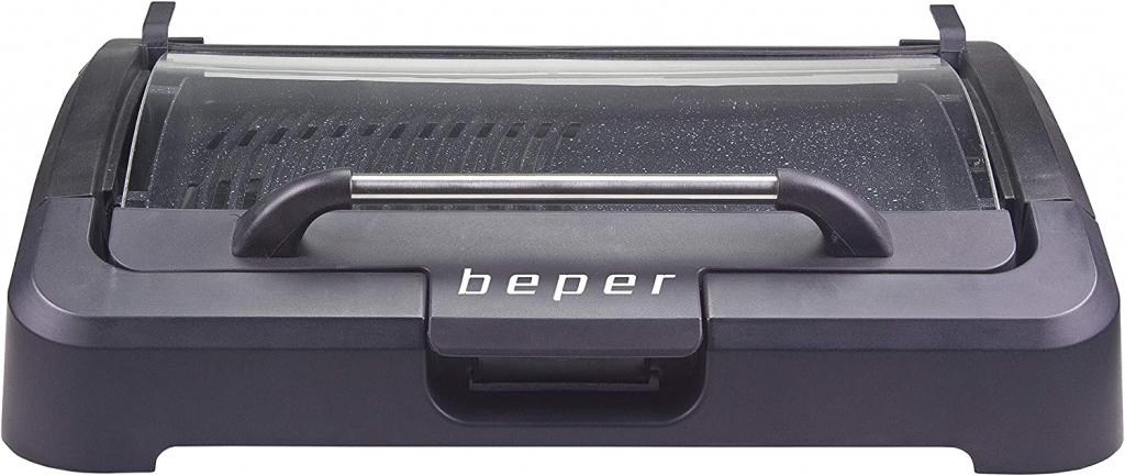 Beper 90.871 Elektrogrill mit Glasdeckel, beschichtete Grillplatte, Edelstahl, 2200 W