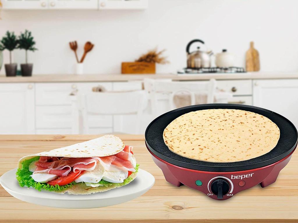 Beper BT.700Y Crepes Maker für Crêpes, Pfannkuchen und Piadinas elektrisch mit Holzspatel