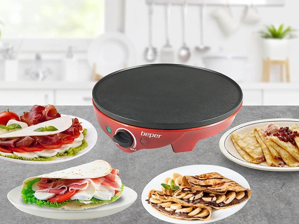 Beper BT.700Y Crepes Maker für Crêpes, Pfannkuchen und Piadinas elektrisch mit Holzspatel