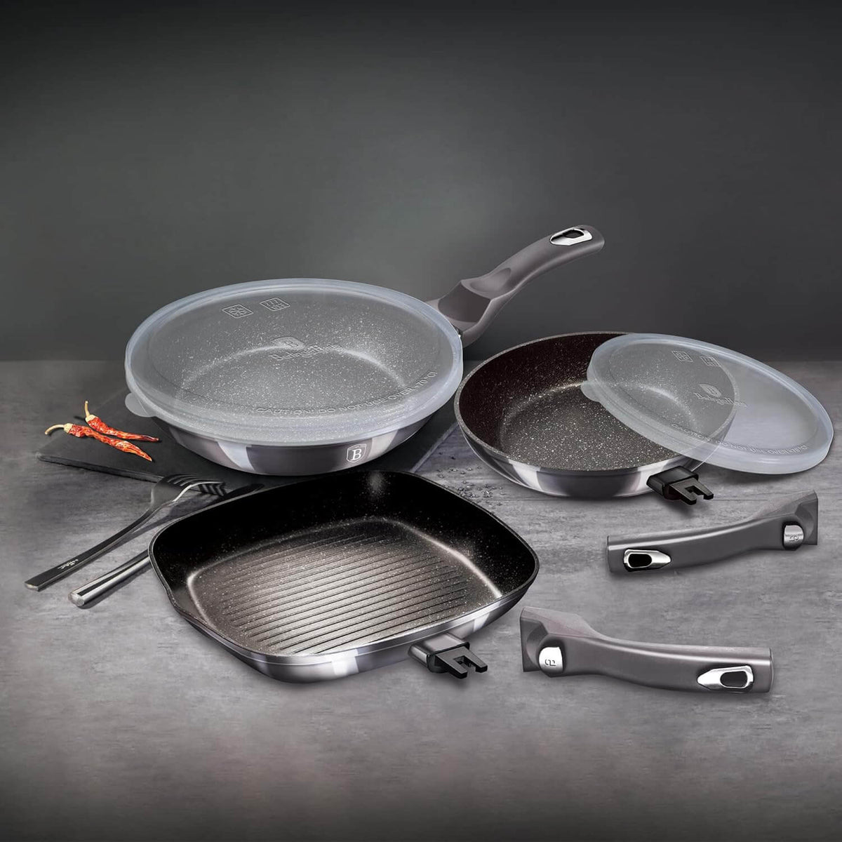 Berlinger Haus BH/7048 Metallic Line Carbon Pro Edition 5er Set Bratpfannen mit abnehmbarem Griff