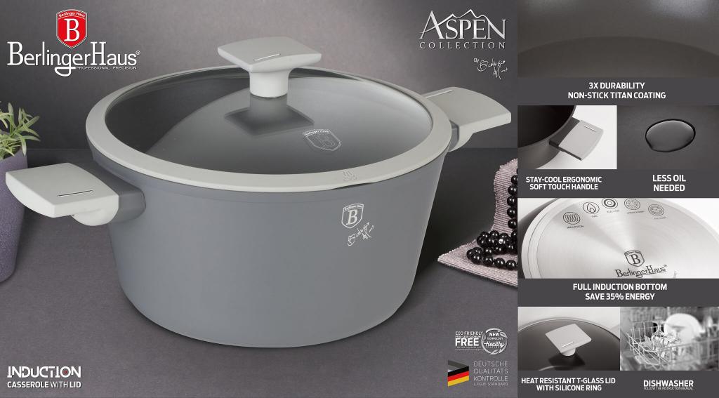 Berlinger Haus BH/7066 Aspen Collection Kasserolle in Grau mit Deckel Topf Durchmesser 20 cm