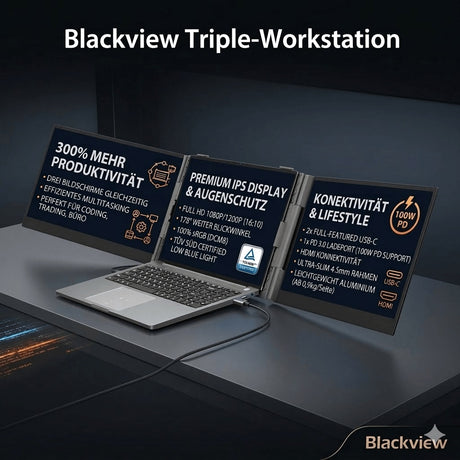 Professionelle Marketing-Grafik des Blackview Dual-Extenders. Zeigt das Triple-Setup mit minimaler Verkabelung und zentralen USPs: Triple-Screen Power, 100W PD Pass-Through, TÜV Eye Care und Aluminium-Design.