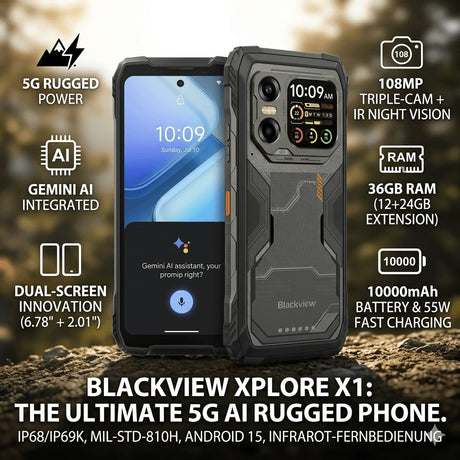Blackview XPLORE X1 5G Rugged Phone Infografik mit Gemini AI, 108MP Kamera, 36GB RAM und 10000mAh Akku vor Outdoor-Hintergrund.