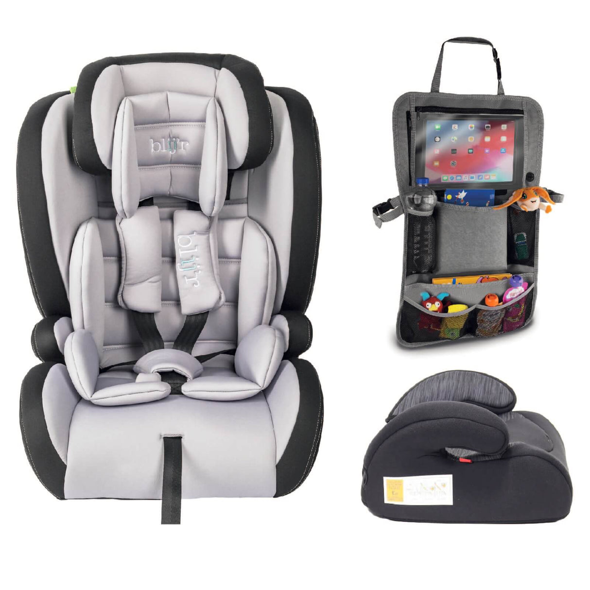 Blij´r Ivo Grau/schwarz I-Size Kinder Autositz mit gratis Rücksitz Organizer