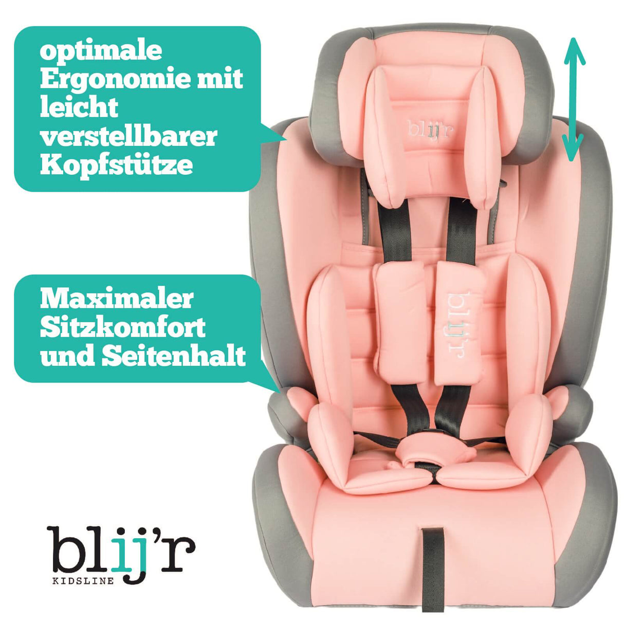 Blij´r Ivo pink/grau I-Size Kinder Autositz mit Wumbi Rücksitzspiegel und Sonnenschutz