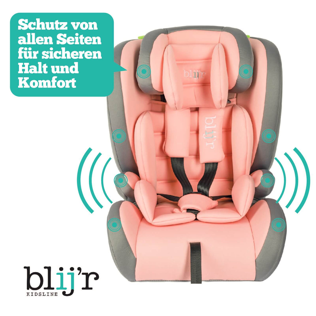 Blij´r Ivo pink/grau I-Size Kinder Autositz mit Wumbi Rücksitzspiegel und Sonnenschutz