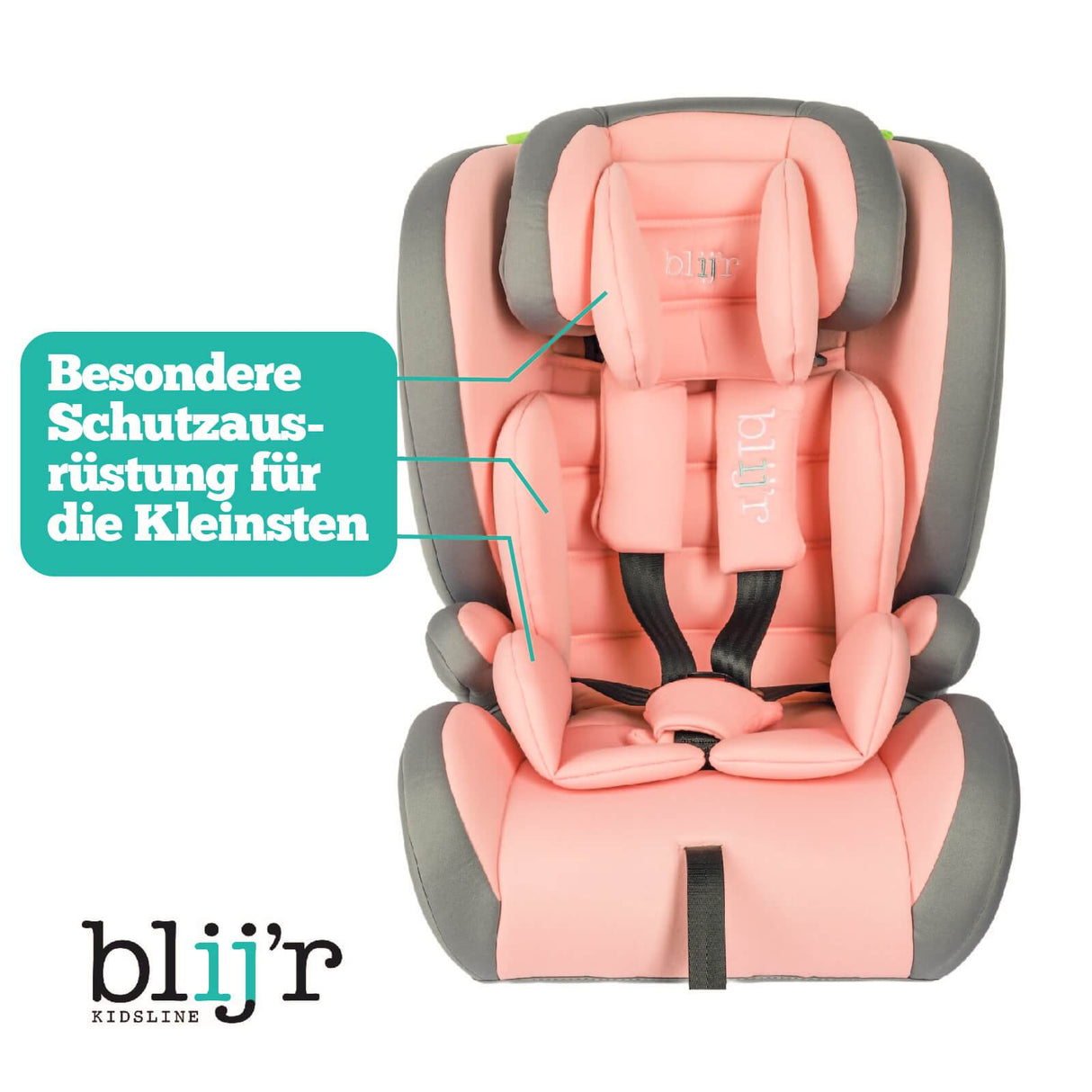 Blij´r Ivo pink/grau I-Size Kinder Autositz mit Wumbi Rücksitzspiegel und Sonnenschutz