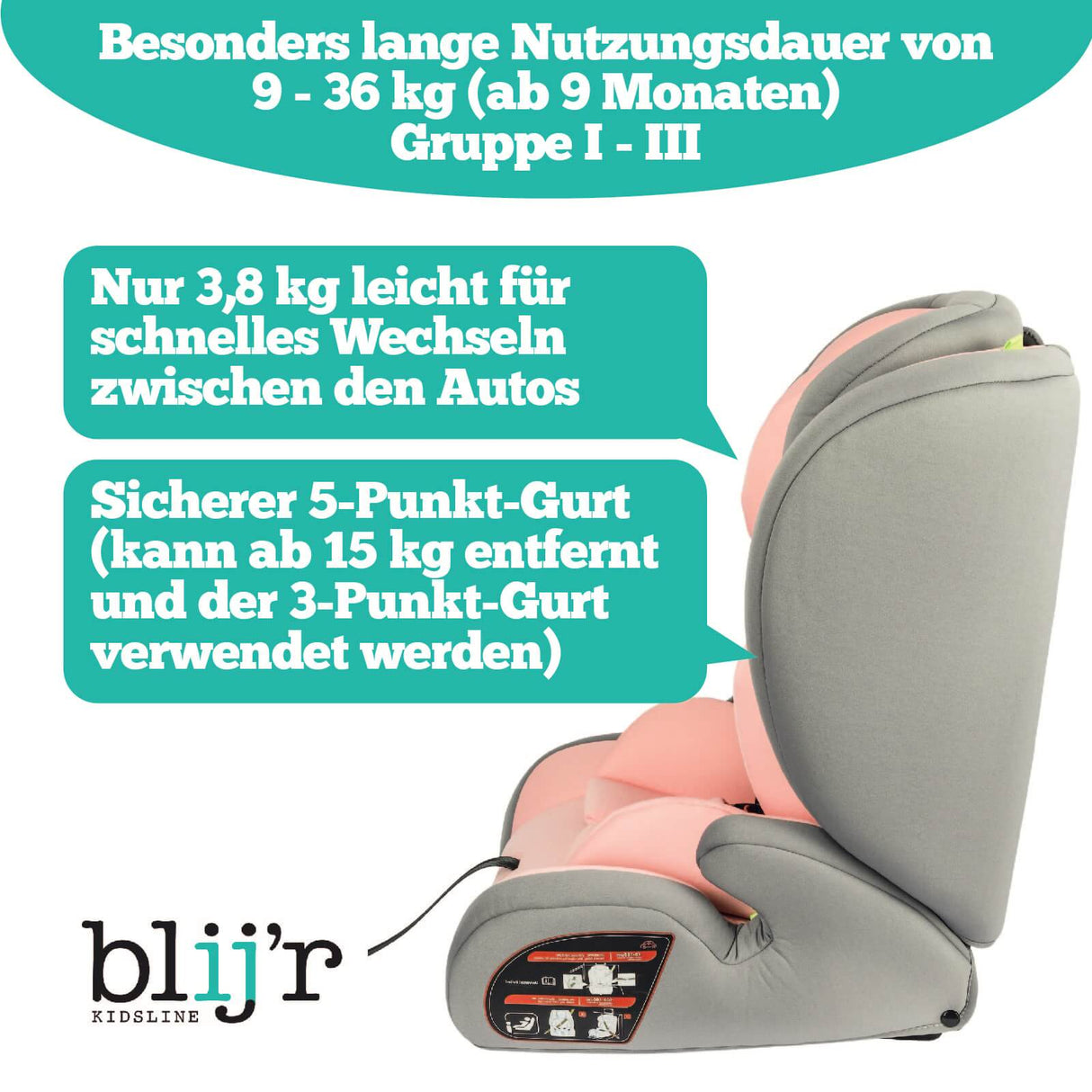 Blij´r Ivo pink/grau I-Size Kinder Autositz mit Wumbi Sonnenschutz