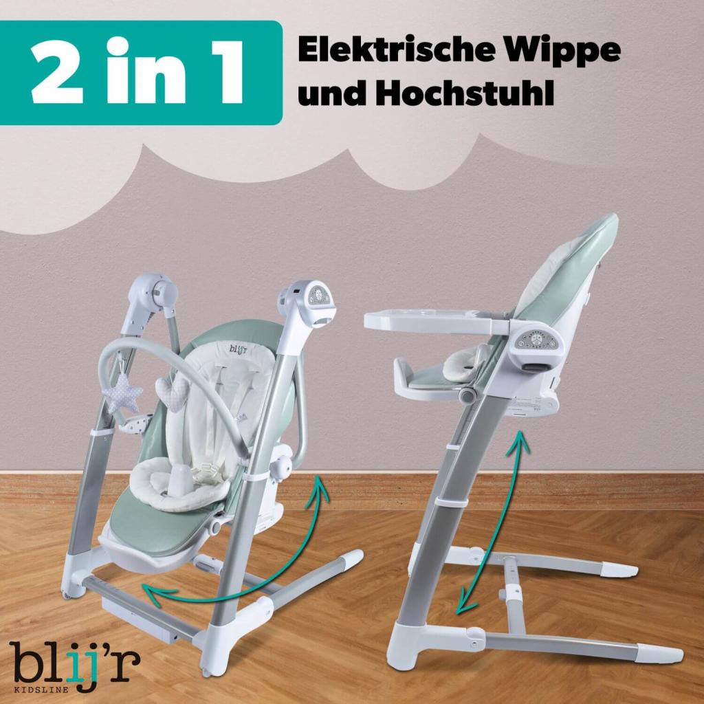 Blij'r Guusje 3in1 Hochstuhl, Babyschaukel & Esszimmerstuhl Minzgrün Babywippe