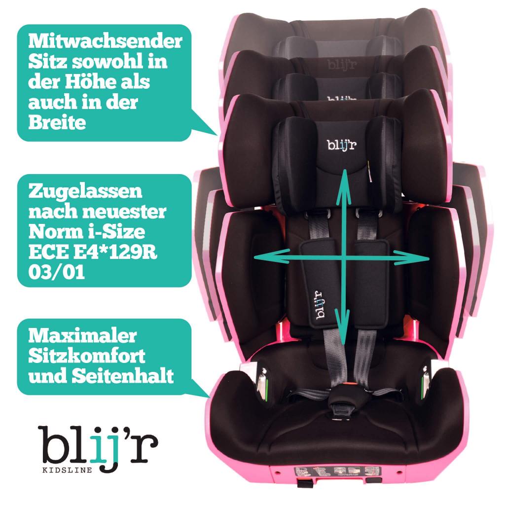 Blij´r Uniek Pink Kindersitz mit Rücksitz Organizer | von 3,5 bis 12 Jahren, höhenverstellbar bis 150 cm, 3-Punktgurt