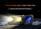 Blackview BV7300 Rugged Smartphone seitlich stehend, beide Seiten sichtbar, Taschenlampe an, Dual Camping Light und Nachtsichtkamera hervorgehoben