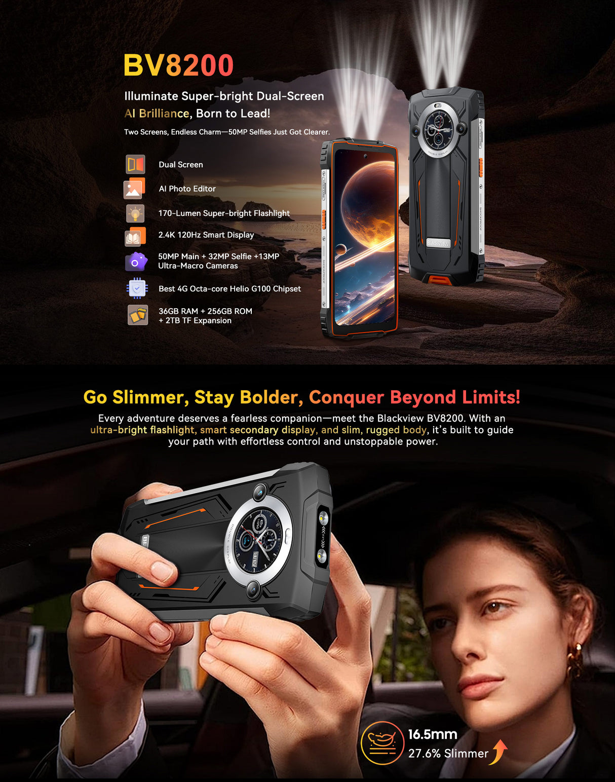 USPs für die Taschenlampe und Lichtverhältnisse des Vorderseite des Blackview BV8200