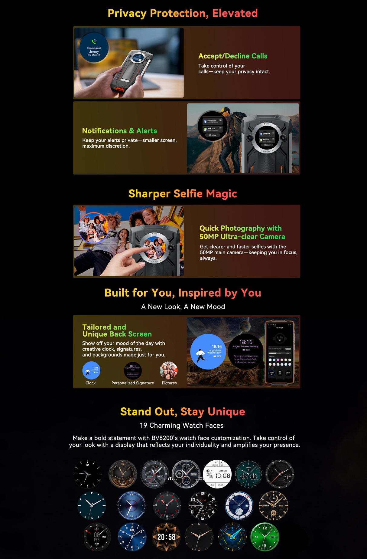 Verschieden Ansichten des Displays der Rückseite vom Vorderseite des Blackview BV8200