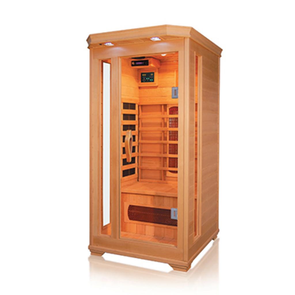 PureHaven Infrarotkabine 90x90x190 cm aus Pacific Coast Hemlock-Holz Bluetooth-Soundsystem Timer Lichttherapie in 4 Farben digitale Steuerung