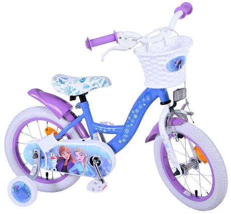 Blaues Frozen-Fahrrad mit Puppensitz und Korb