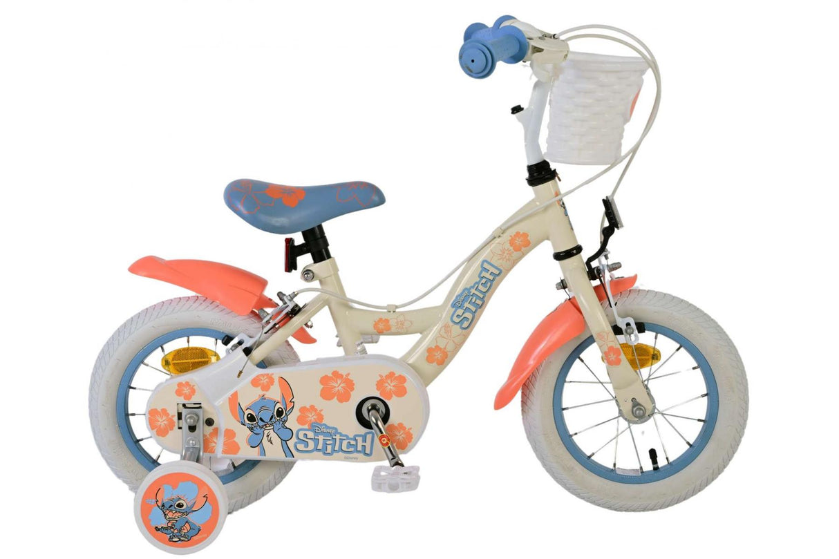 Volare Disney Stitch Kinderfahrrad für Mädchen - 12 Zoll mit zwei Handbremsen in Creme Koralle Blau