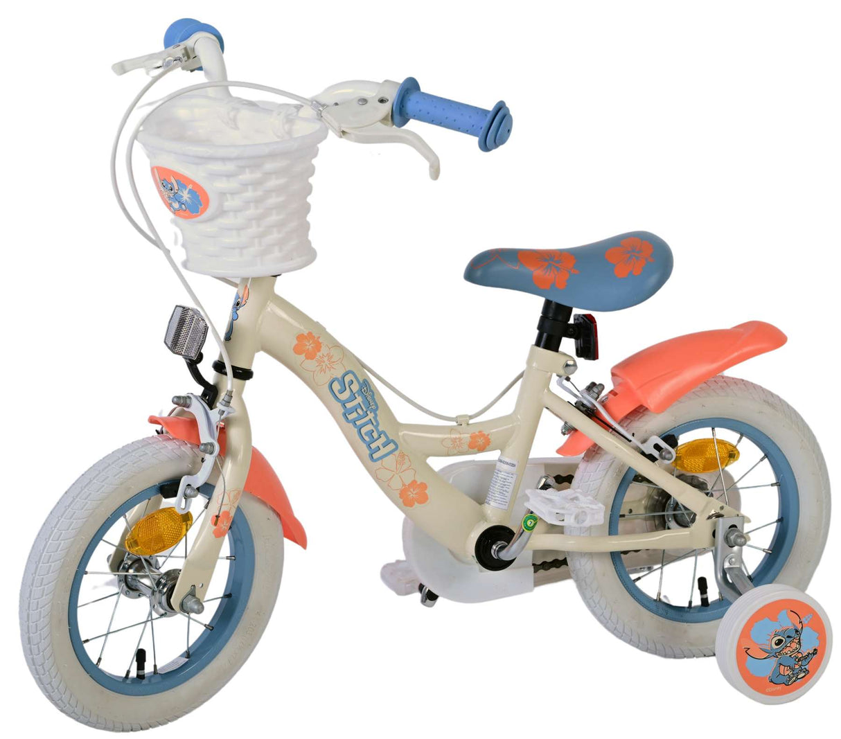 Volare Disney Stitch Kinderfahrrad für Mädchen - 12 Zoll mit zwei Handbremsen in Creme Koralle Blau