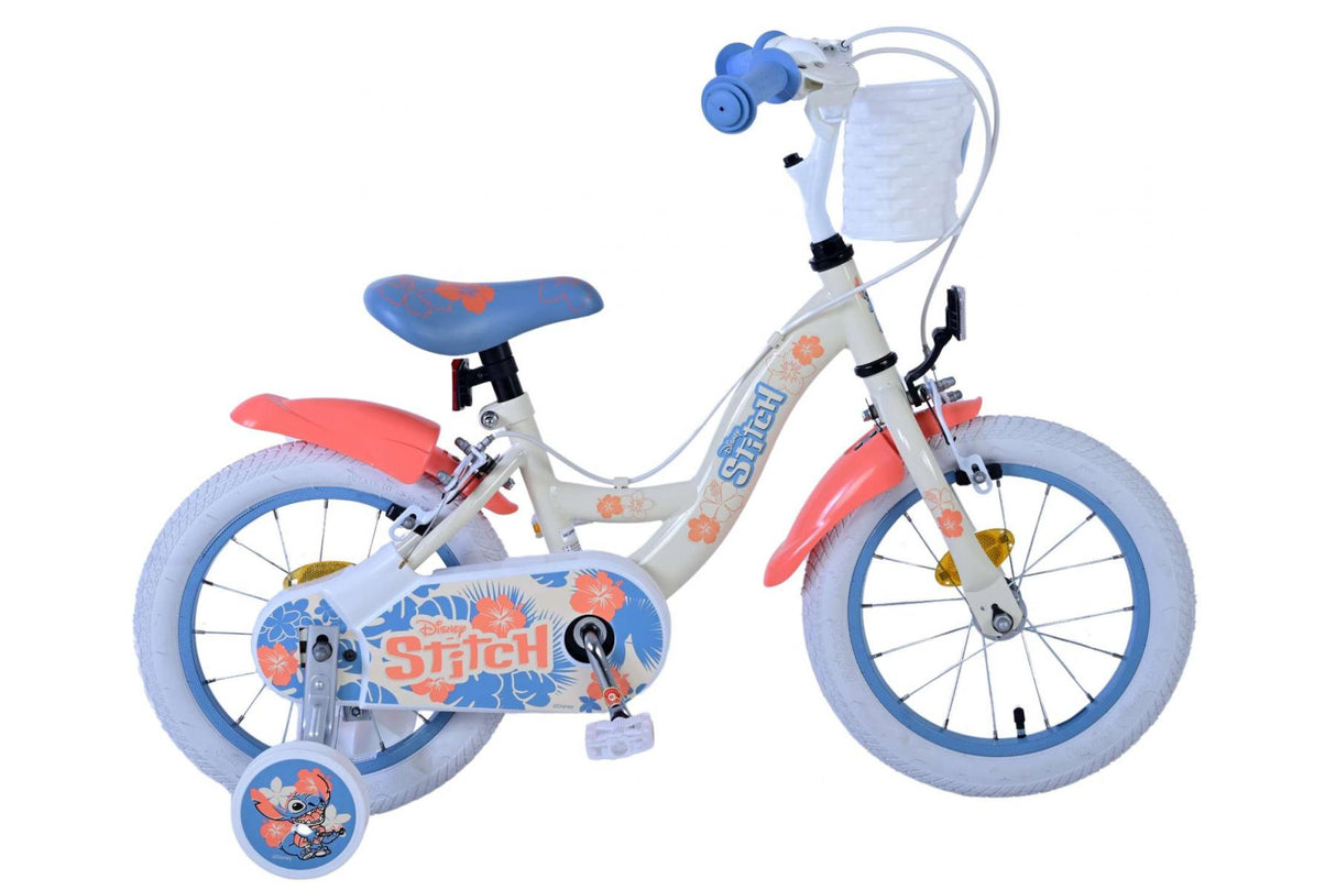 Volare Disney Stitch Kinderfahrrad für Mädchen - 14 Zoll in Creme Koralle Blau mit Zweihandbremsen