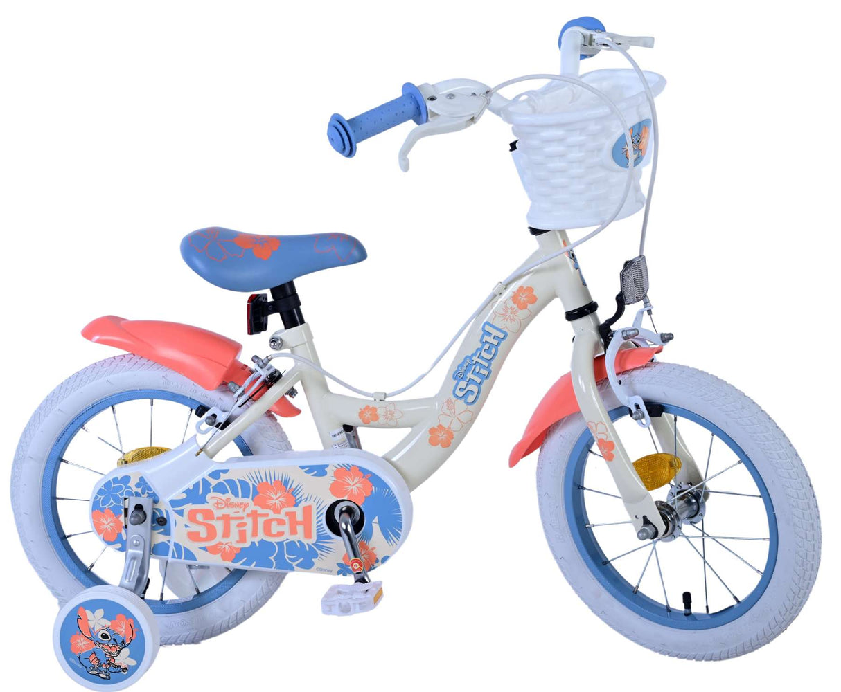 Volare Disney Stitch Kinderfahrrad für Mädchen - 14 Zoll in Creme Koralle Blau mit Zweihandbremsen