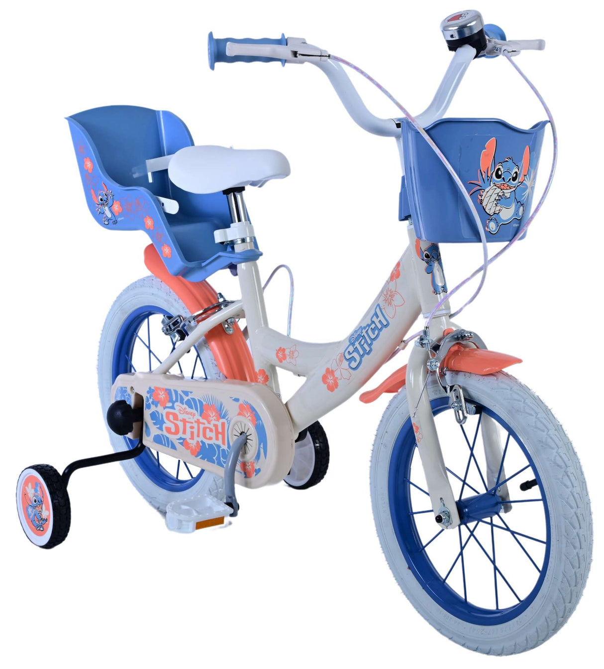 Volare Disney Stitch Kinderfahrrad für Mädchen - 14 Zoll in Creme Koralle Blau mit zwei Handbremsen