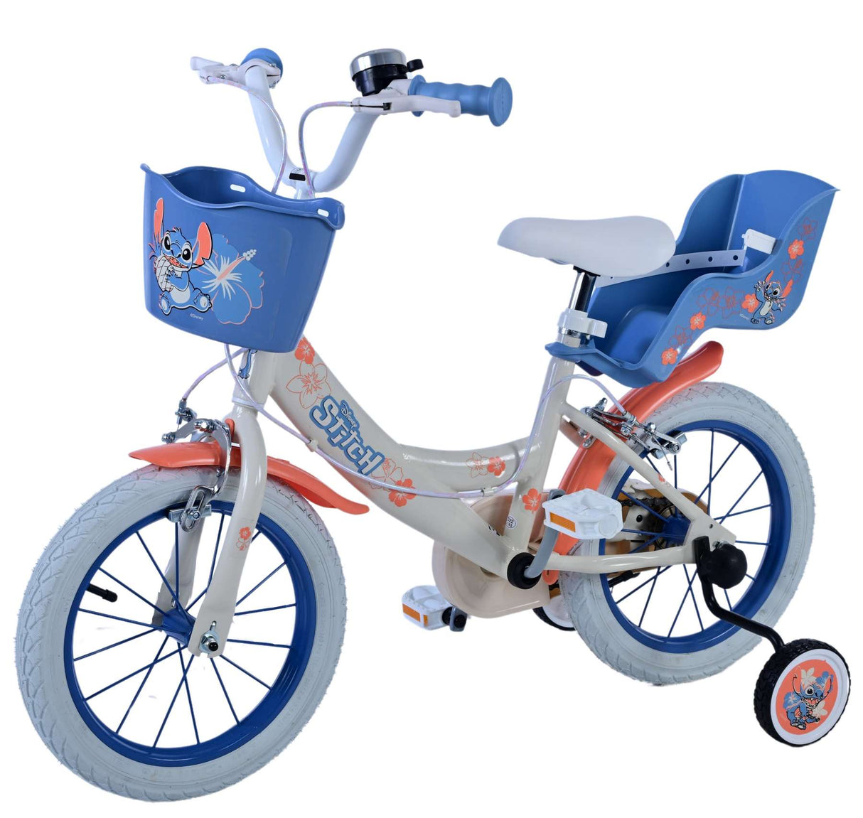 Volare Disney Stitch Kinderfahrrad für Mädchen - 14 Zoll in Creme Koralle Blau mit zwei Handbremsen