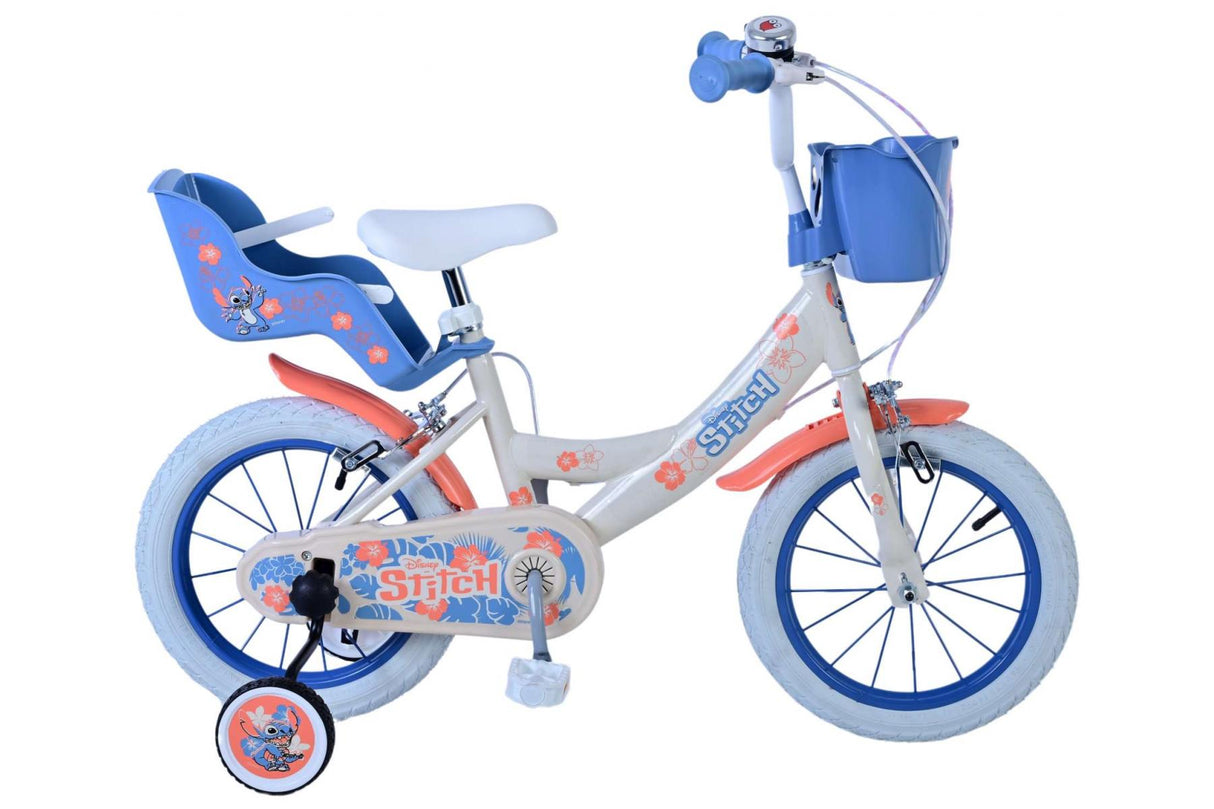 Volare Disney Stitch Kinderfahrrad für Mädchen - 14 Zoll in Creme Koralle Blau mit zwei Handbremsen