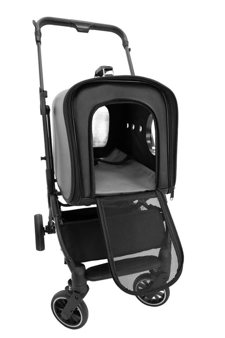 Seitenansicht der abnehmbaren Tierbox aus Öko-Leder mit Bullaugen-Fenster und Mesh-Ventilation.