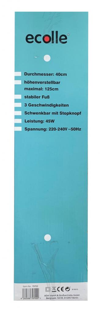 Verpackung des Ecolle Standventilator 79702