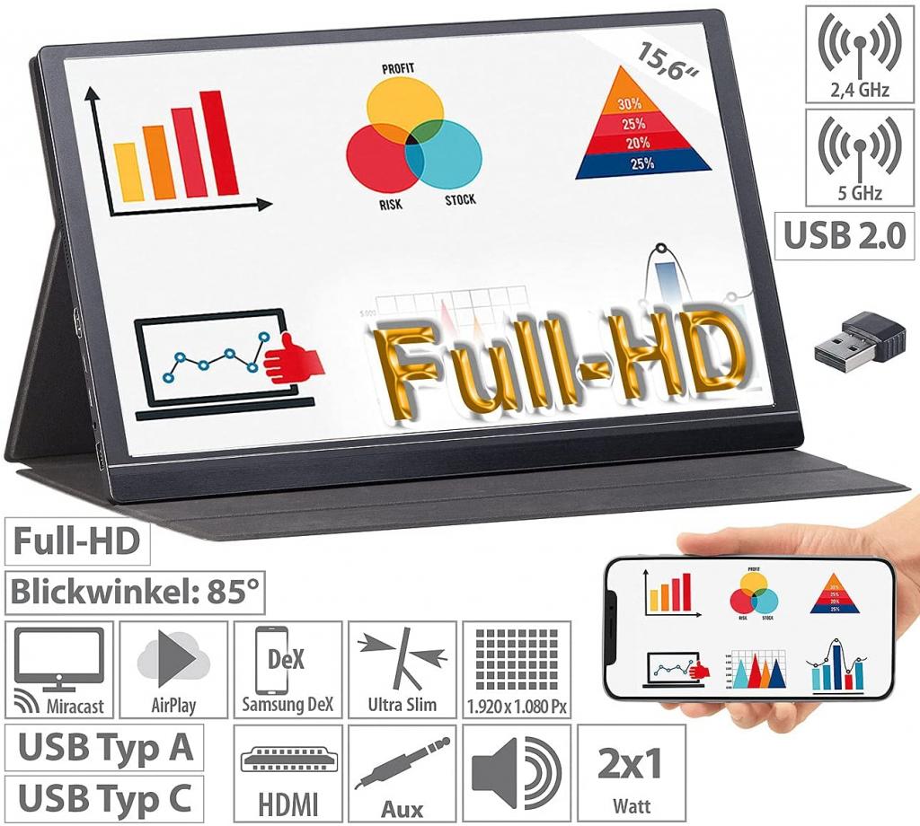 auvisio EZM-210 (ZX-5076-675) + WLAN-Stick Tragbarer Monitor Mobiler Full-HD-IPS-Monitor, 39,6 cm 15.6"